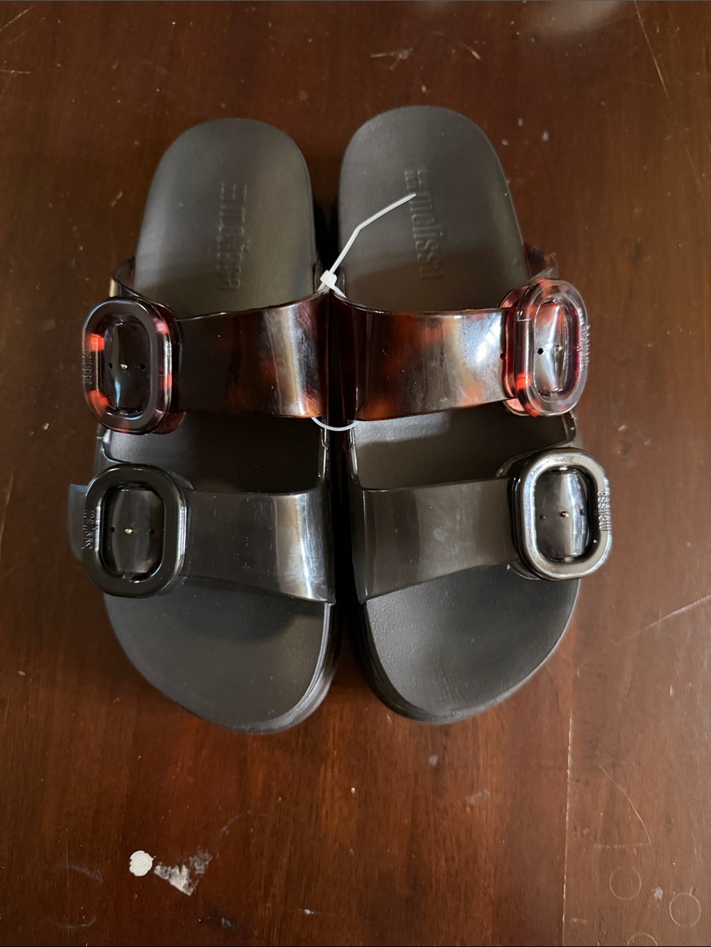 Mini Melissa Women's Double Buckle Slides in Black and Tortoiseshell
